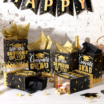TaoBary 12 Pcs Graduation Gift Bags with Tissue Party Favor Bag Handles Class of 2026 Grad Paper Goodie Bulk for Congrats Supplies(Black Gold)