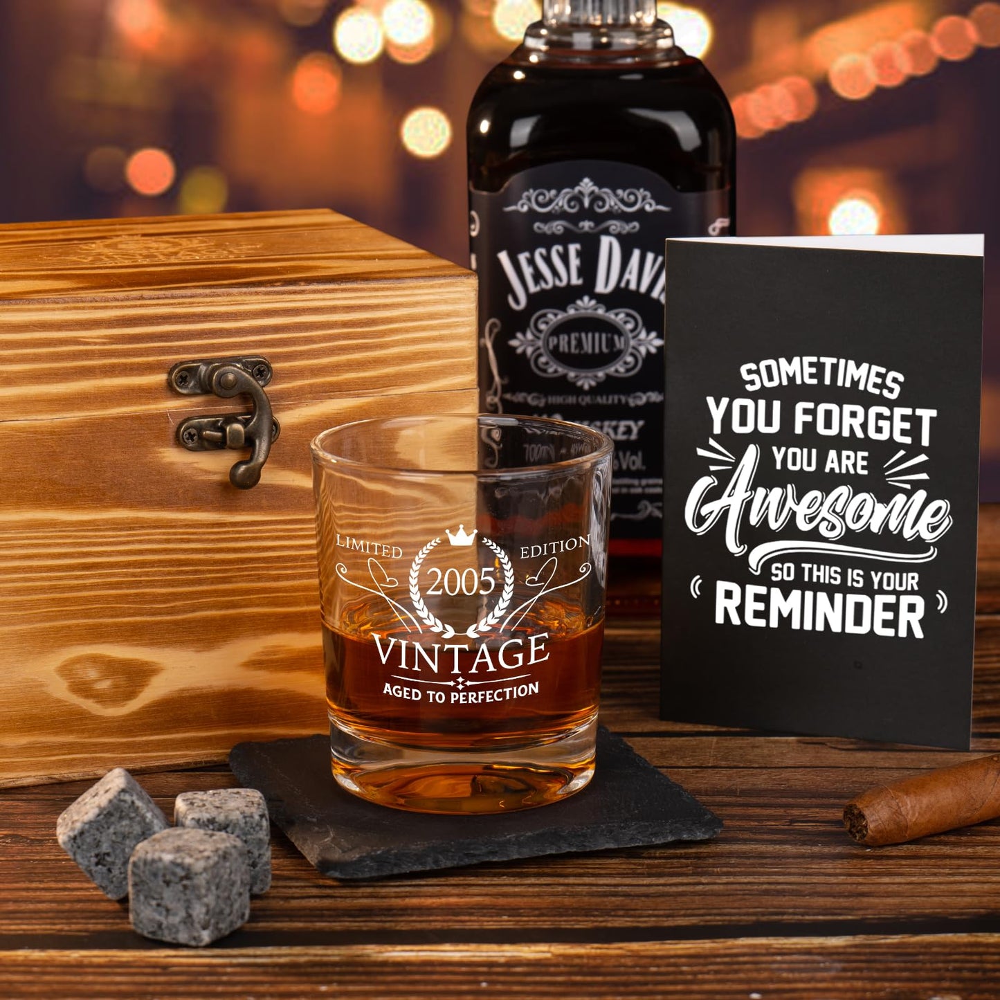 2025 21st Birthday Gift For Him, 21 Year Old Gifts For Men Whiskey Glass Set - 21st Birthday Decorations, Party Supplies - Bday Gifts Ideas For Him, Friends - Wood Box & Whiskey Stones & Coasters
