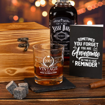 2025 21st Birthday Gift For Him, 21 Year Old Gifts For Men Whiskey Glass Set - 21st Birthday Decorations, Party Supplies - Bday Gifts Ideas For Him, Friends - Wood Box & Whiskey Stones & Coasters