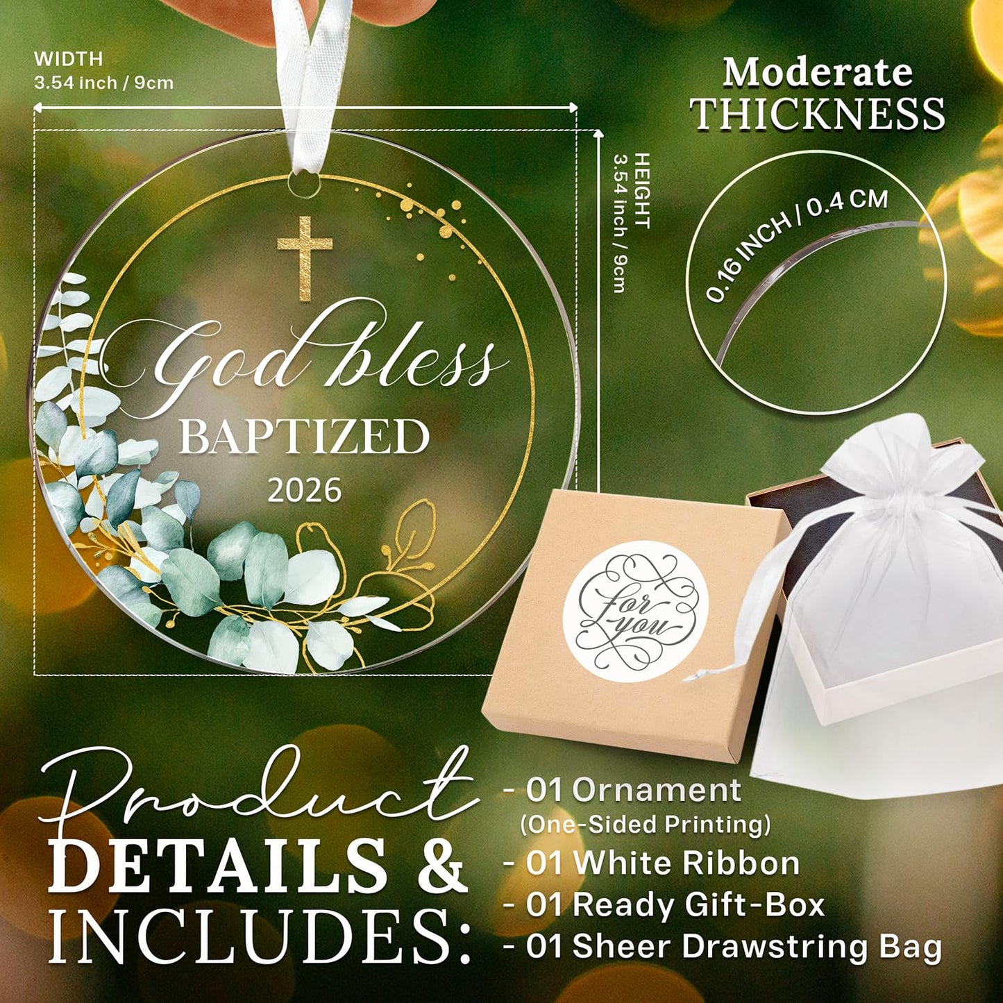 HEXMOZ Baptism Gifts for Boys, Girls, Women, Men, Adults - Christening Gifts for Baby Boys, Girls, Godson, Goddaughter - God Bless Baptized Ornament 2026 - Acrylic Christmas Keepsake Decoration