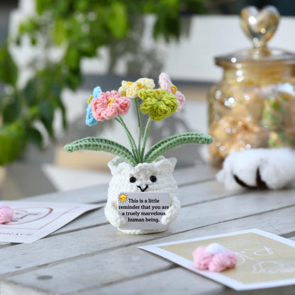YOOJEE Forget-Me-Not Positive Crochet Flowers Plants Gift Handmade Desk Decor with Card “This is a Little Reminder” Appreciation Inspirational Gift for Coworkers Women Employee Teacher Best Friend Mom