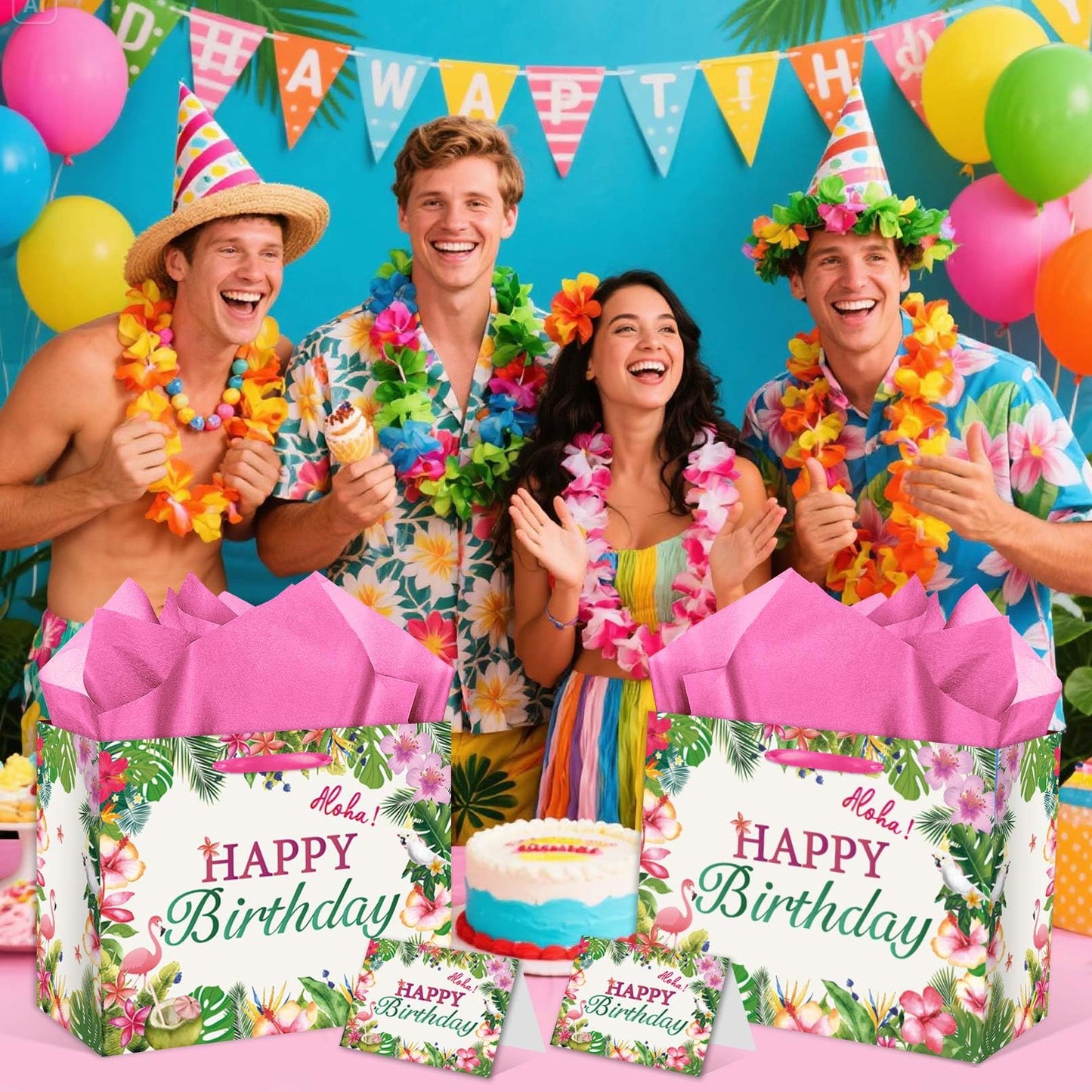 EIGHTSTATES Hawaiian Birthday Gift Bag Large Aloha Happy Birthday Party Decorations - Tropical Summer Beach Pool Party Favor Supplies - Includes Tissue Papers & Greeting Card - Luau Theme Gift Bags
