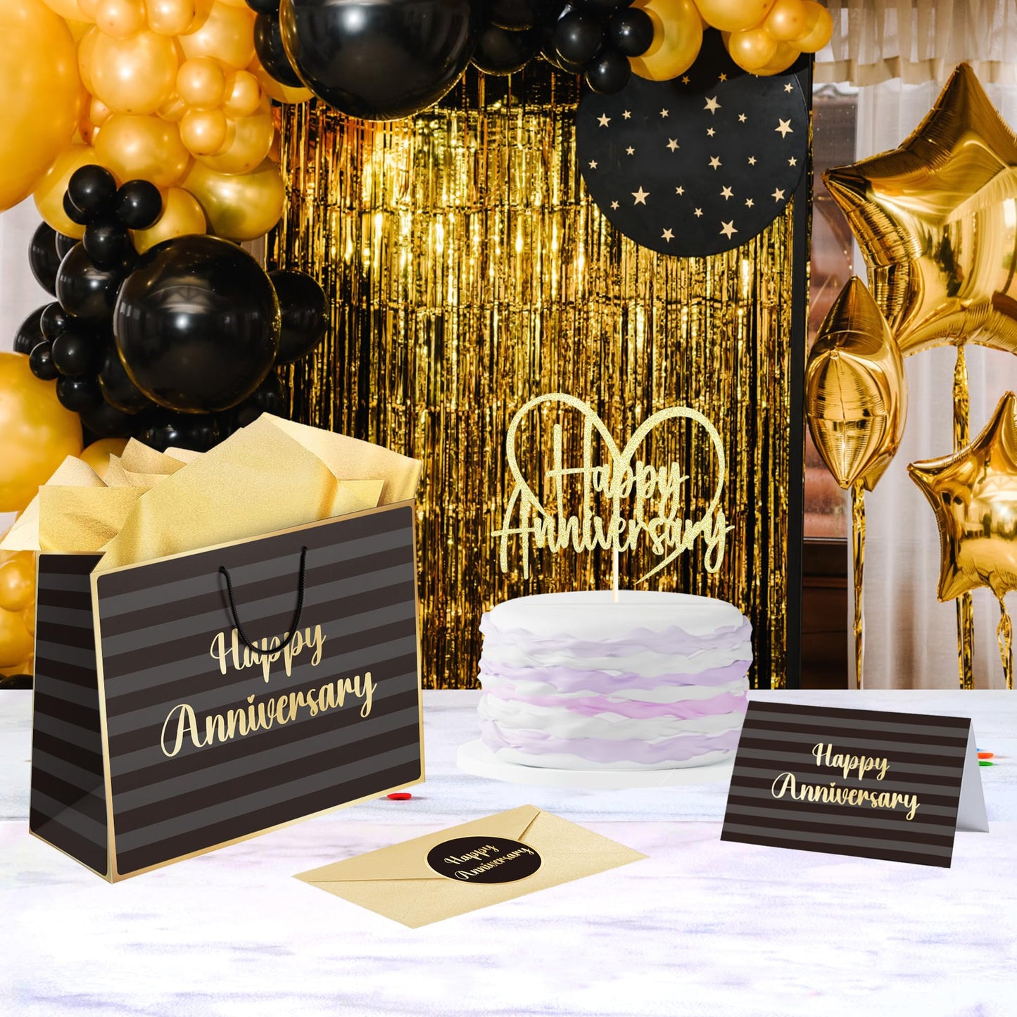 Sumerk 13" Large Anniversary Paper Bag with Tissue Papers and Greeting Card, Envelope and Stickers - Special Anniversary Wrapping Bag with Clear Window and Card Holder