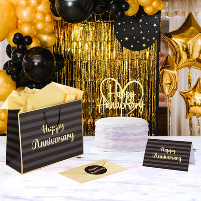 Sumerk 13" Large Anniversary Paper Bag with Tissue Papers and Greeting Card, Envelope and Stickers - Special Anniversary Wrapping Bag with Clear Window and Card Holder
