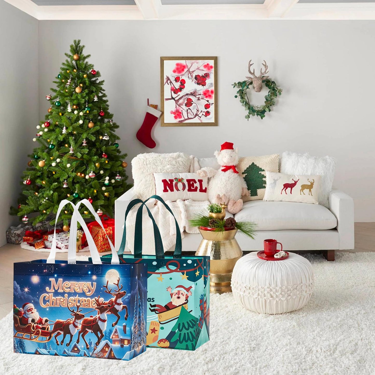 sishunhang 24 Pack Large Christmas Gift Bags 12.8"*6.7"*9.8", Reusable Non-Woven Jumbo Tote Bags with Handles For Christmas Surprise, Xmas Party Supplies Wrapping Shopping