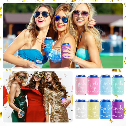 Janmercy 8 Pcs Girls Trip 2026 Gifts Favors, Girls Weekend Trip Gifts Cup Sleeves for Bachelorette Party Favors, Insulated Can Sleeve for Vacation Camping Women Fun Cruise Sister Auntie Friends