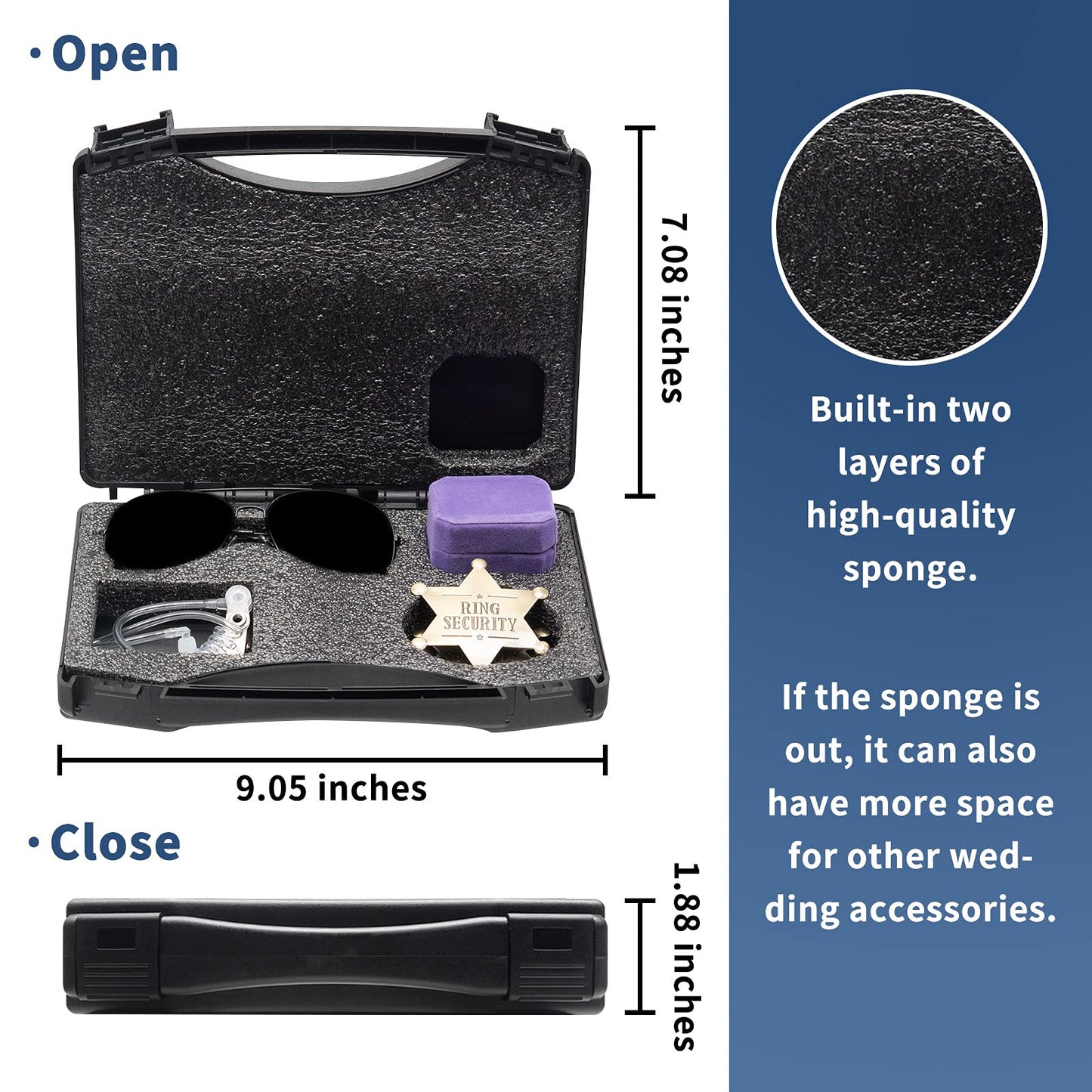 Ring Security Wedding Ring Bearer Gifts Box Set Include Ring Security Badges, Acoustic Earpiece Tube, Rings Bearer Sunglass, Wedding Rings Box with 2 Rings