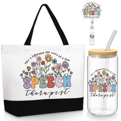 Kacctyen 3 Pcs Speech Therapist Gift for Women Speech Language Pathologist Appreciation Gifts Slp Therapy Tote Bag Badge Reel 17 oz Glass Cups with Lids and Straws for Birthday Retirement Holiday