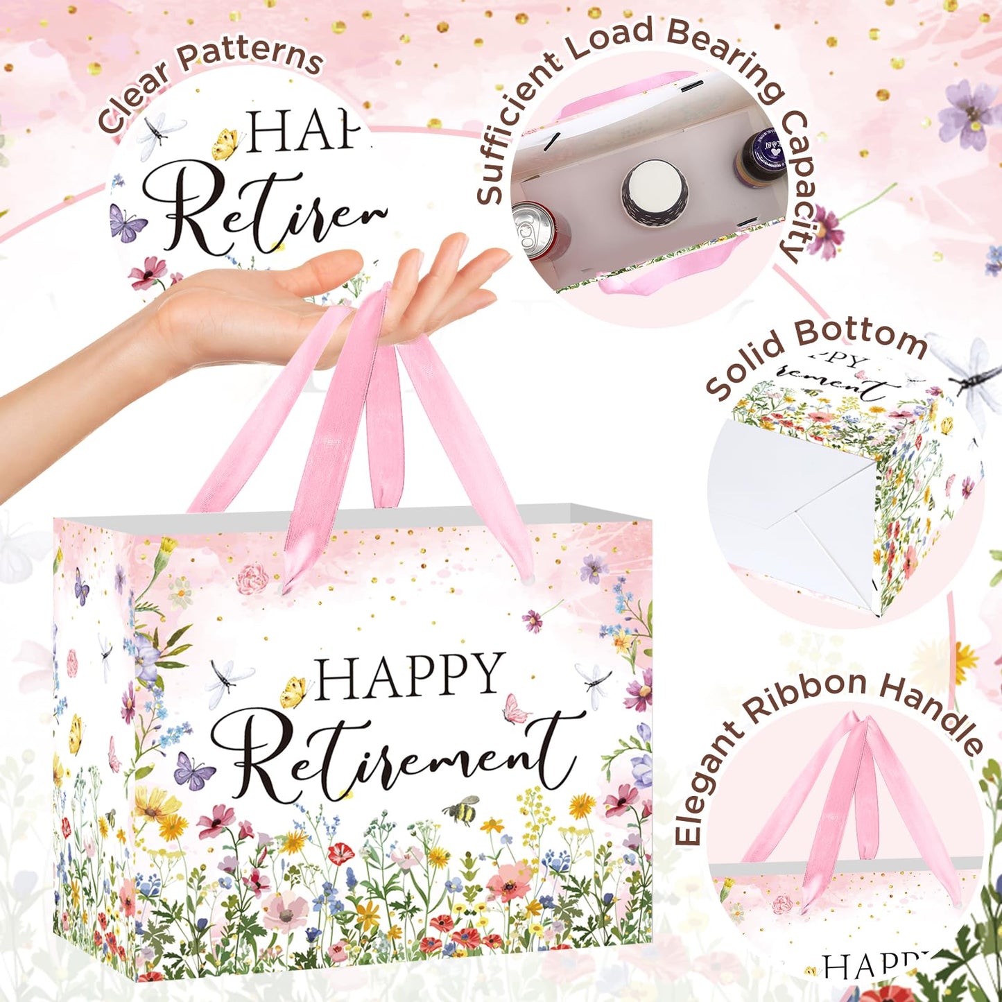 Wildflower Retirement Gift Bag for Women, Retired Gift Bag with Tissue Paper and Card Happy Retirement Gift Wrapping Paper Retired Gifts for Women Farewell Going Away Party Favor Bags Supplies