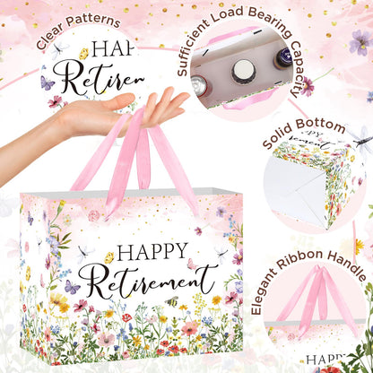 Wildflower Retirement Gift Bag for Women, Retired Gift Bag with Tissue Paper and Card Happy Retirement Gift Wrapping Paper Retired Gifts for Women Farewell Going Away Party Favor Bags Supplies