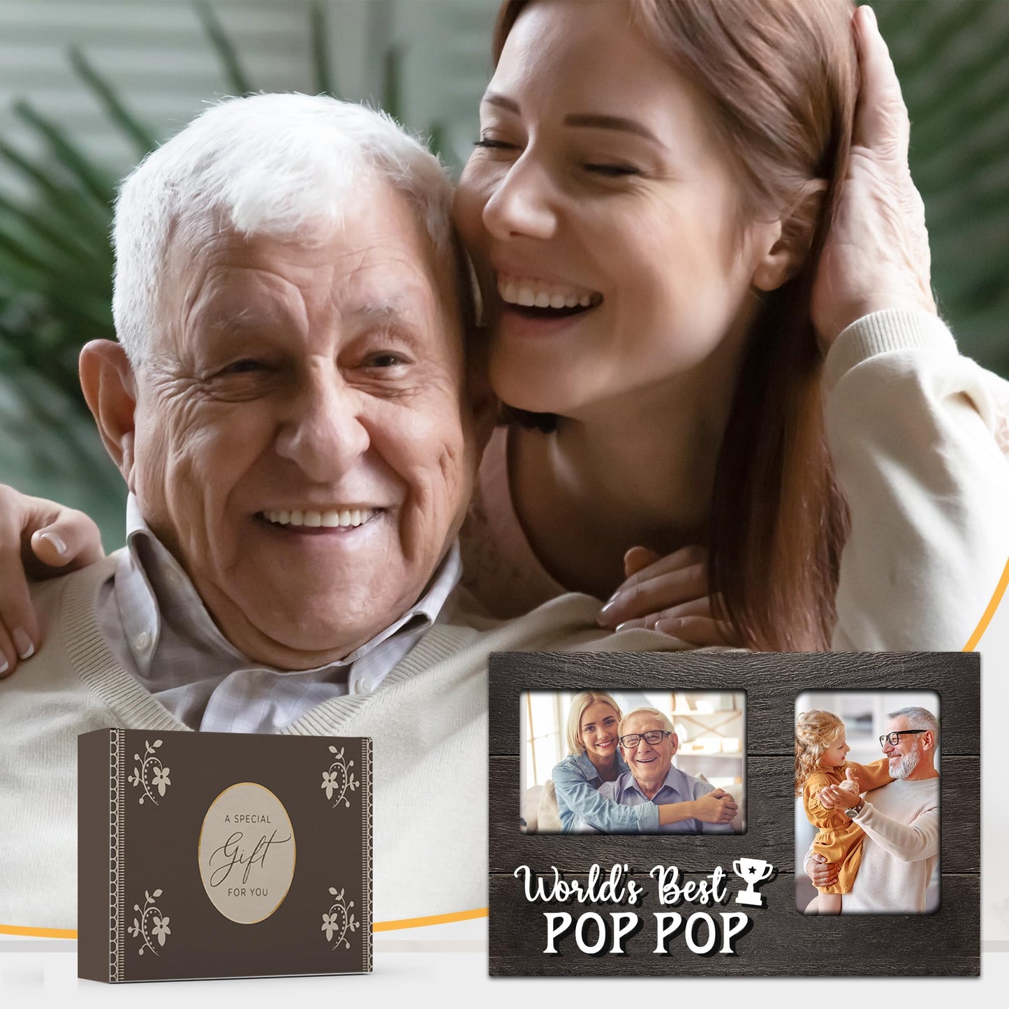 Christmas Pop Pop Gifts, Poppop Gifts from Grandson 3D Photo Frame Hold 4x6 Inches Two Photos, World's Best Pop Gift Gag Birthday Gift for Him from Granddaughter on Father's Day Grandparents Day
