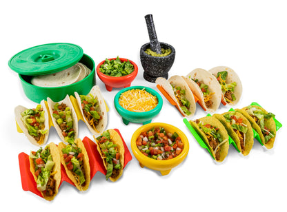 Taco Tuesday Complete Taco Serving Set with Tortilla Warmer, Salsa Bowls, Shell Holders, and Mortar and Pestle - 9-Piece Set - Red, Yellow, and Green