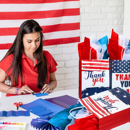 16 Pcs Patriotic Thank You Gift Bags with 18 Red White Blue Tissue Paper American Flag Party Favor USA Paper Treat Goodie Bags with Handle for 4th of July Veterans Memorial Independence Day Party