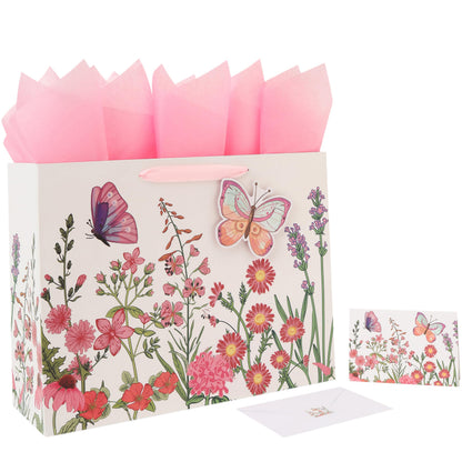 Qirrmiy 16.5” Extra Large 3D Butterfly Gift Bag Set with Handles, Greeting Card, Pink Tissue Papers and Stickers for Women Girls for Birthday, Mothers' Day, Wedding, Anniversary, Floral Design, 1 Pcs