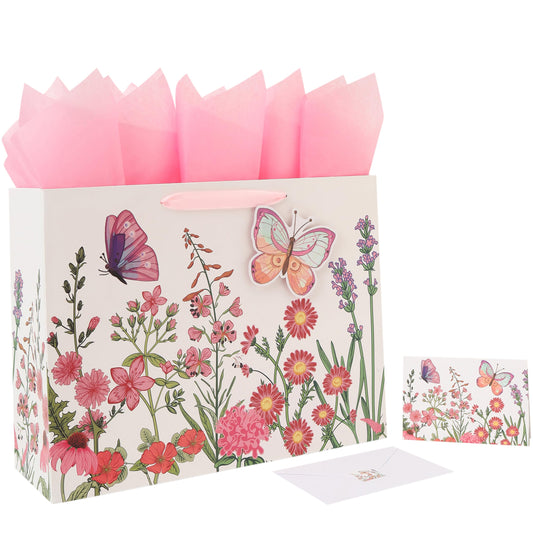 Qirrmiy 16.5” Extra Large 3D Butterfly Gift Bag Set with Handles, Greeting Card, Pink Tissue Papers and Stickers for Women Girls for Birthday, Mothers' Day, Wedding, Anniversary, Floral Design, 1 Pcs