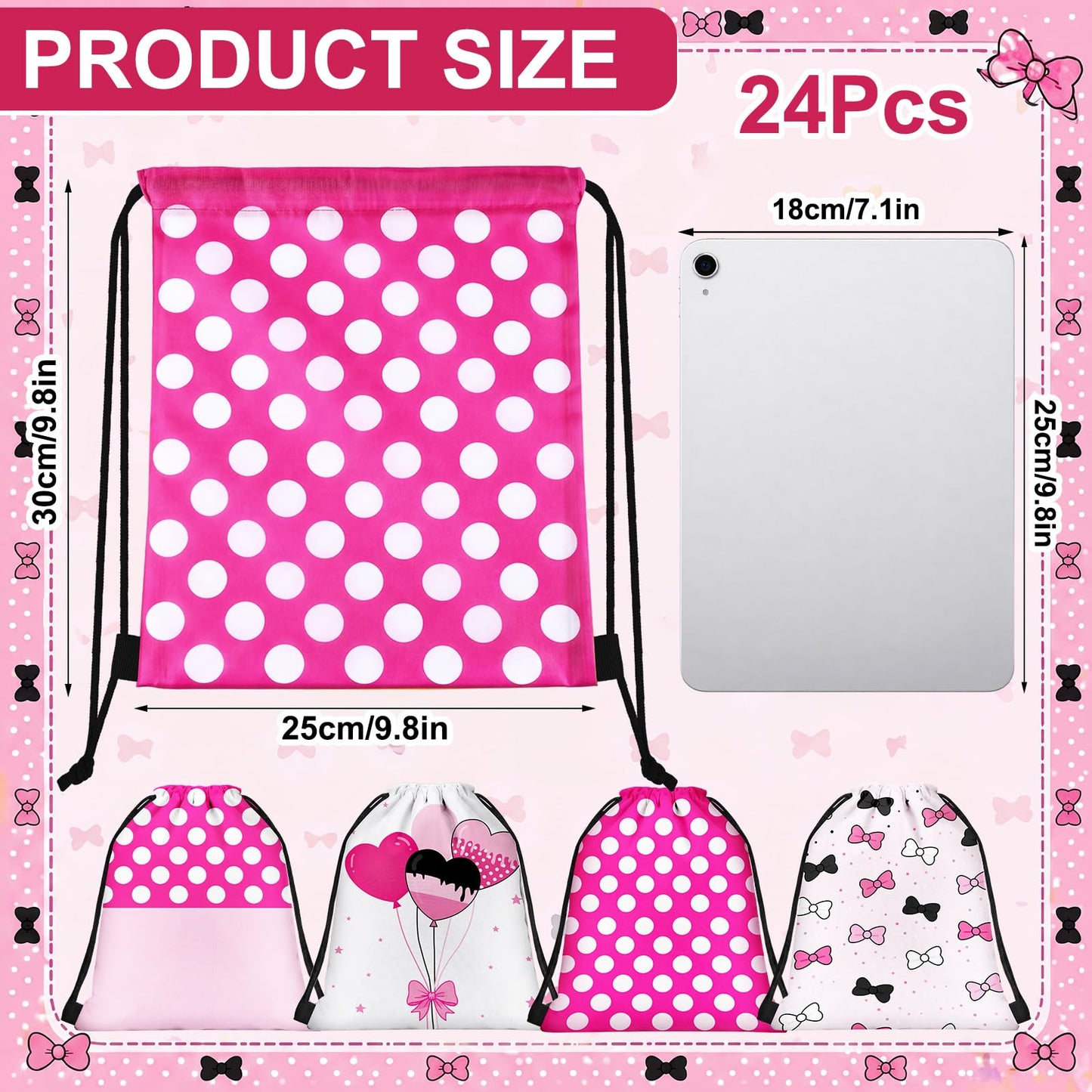 Aliceset 24 Pcs Cartoon Mouse Drawstring Bags Cartoon Birthday Party Favor Gift Goodie Treat Candy Bags Present Double Sided Gift Bag for Mice Birthday Baby Shower, 9.8 x 9.8 Inch(Pink Mouse)