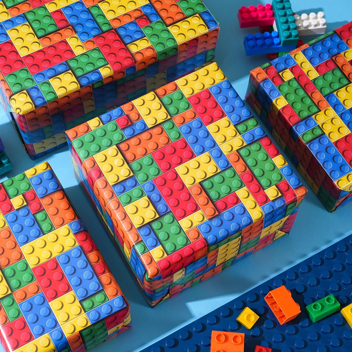 PlandRichW Building Blocks Wrapping Paper for Boys Girls - 4 Large Folded Sheets, 40"x 28" Colorful Building Bricks Design Gift Wrap for Kids Birthday, Toys, Baby Shower