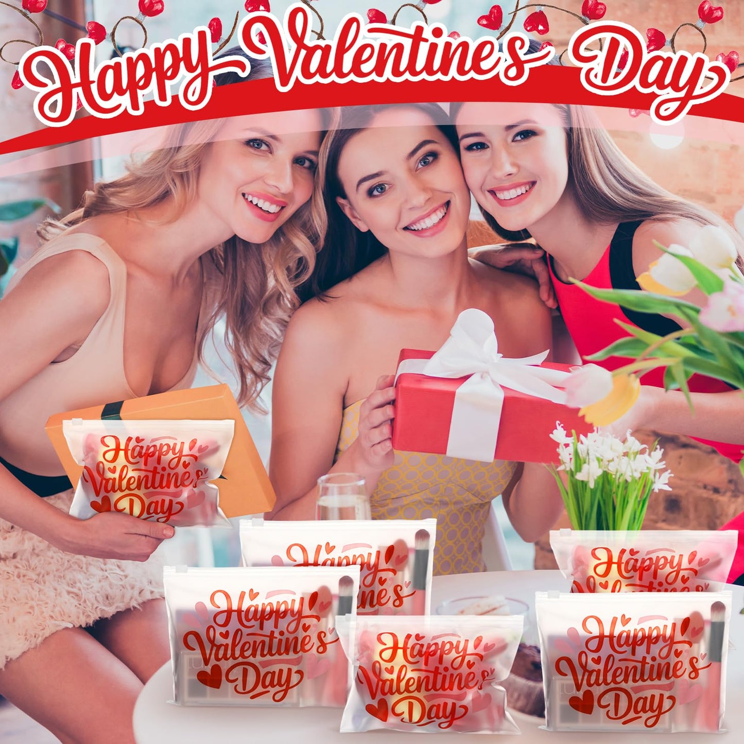 Kacctyen 150 Pack Happy Valentine's Day EVA Bags Bulk Galentine Reusable Clear Teacher Women Gift Pouches with Zipper Waterproof Bag for Candy Jewelry Bestie Galentine Gang Squad Party Supplies