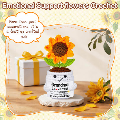 Qunland Mothers Day Birthday Gifts for Grandma, Grandma Gifts from Grandkids, Mother's Day Birthday Gift for Nana Grandmother GaGa, Handmade Crochet Mini Sunflower Pot Doll I Love You for Gigi
