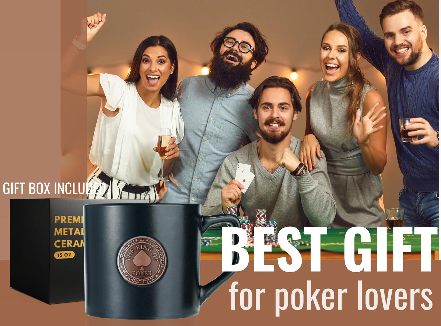 Onebttl Poker Gifts for Men & Women, Funny Poker Gifts for Poker Lovers & Player, Friends, Family, Coworkers, 15 oz Black Ceramic Coffee Mug with a Metal Badge, The King of Poker - Bronze Color Badge