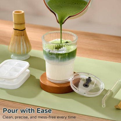 ComboJoy Matcha Whisk Set, Complete Matcha Kit with Bowl, Bamboo Whisk & Holder, Scoop, Sifter, Glass Cup with Lid & Straw, Ice Cube Tray – Matcha Gift Set for Matcha Lovers