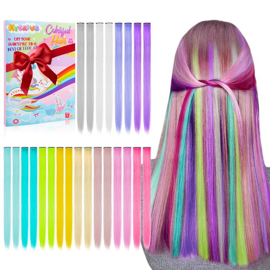 Kyerivs 24PCS Colored Hair Extensions Temporary Hair Color Gift for Girls, 20Inch Clip In Rainbow Straight Hairpieces Colorful Hair Accessories Easter Basket Stuffer for Kids Teen
