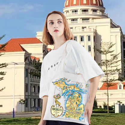 LEVLO Fun State Map Tote Bag - Michigan Travel Souvenir Gift - 1940's Michigan Cartoon Illustration Shoulder Bag