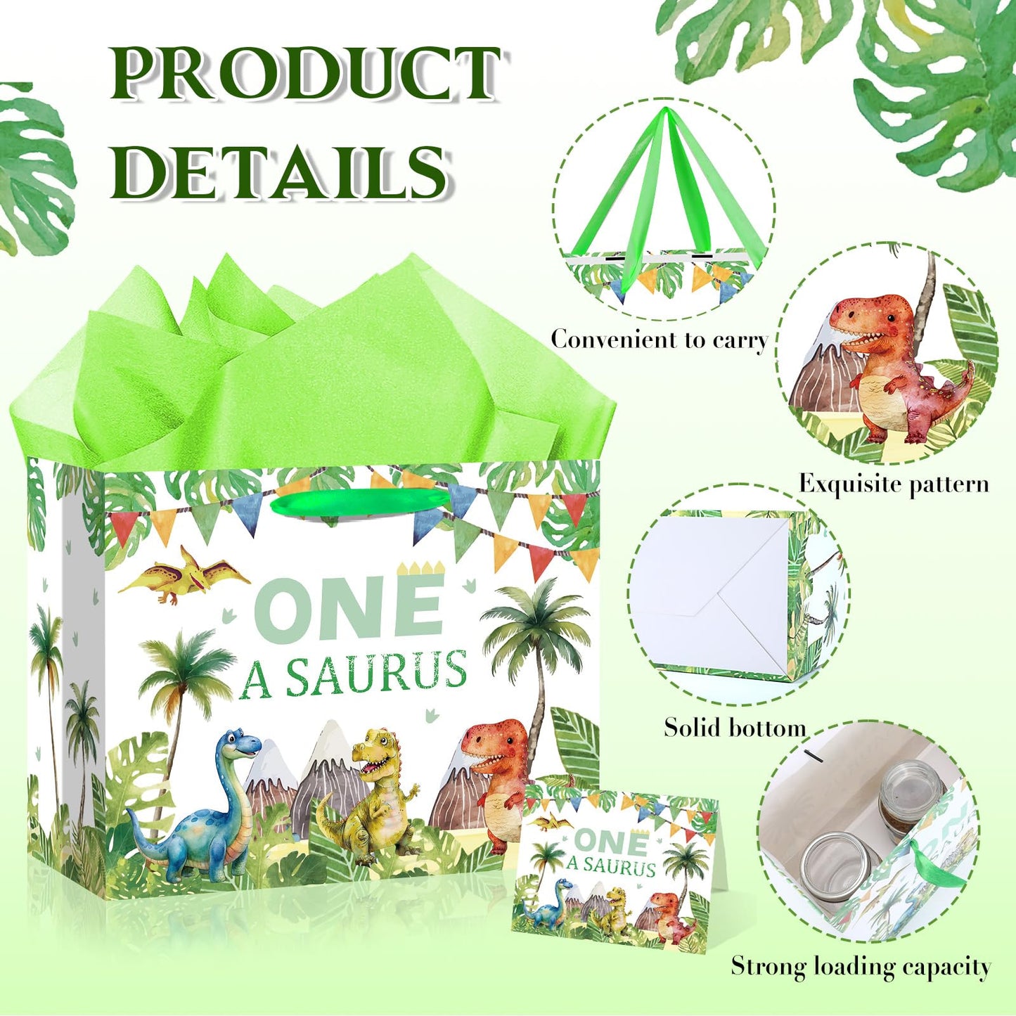 Woosytoo Baby Boys 1st Birthday Gift Bag One a Saurus Decorations Dinosaur First Birthday Gift Wrapping Paper Bag with Tissue Paper for Dino One Years Old Party Favor Supplies