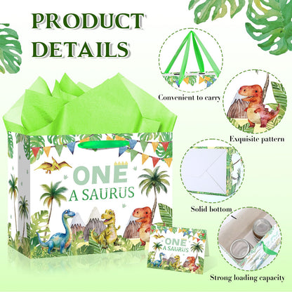 Woosytoo Baby Boys 1st Birthday Gift Bag One a Saurus Decorations Dinosaur First Birthday Gift Wrapping Paper Bag with Tissue Paper for Dino One Years Old Party Favor Supplies