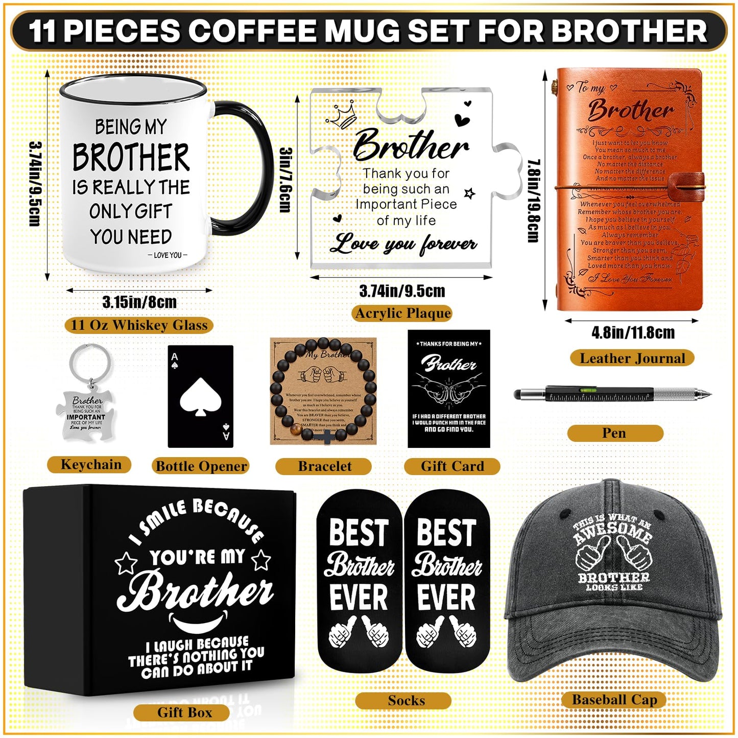 11 PCS Brother Gifts from Sister Brother with 11 Oz Coffee Mug Journal Cap Socks Acrylic Plaque Bracelet Keychain Pen, Birthday Christmas Christian Gift for Brother in Law, Son, Nephew, Grandson