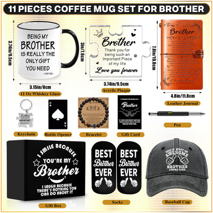 11 PCS Brother Gifts from Sister Brother with 11 Oz Coffee Mug Journal Cap Socks Acrylic Plaque Bracelet Keychain Pen, Birthday Christmas Christian Gift for Brother in Law, Son, Nephew, Grandson