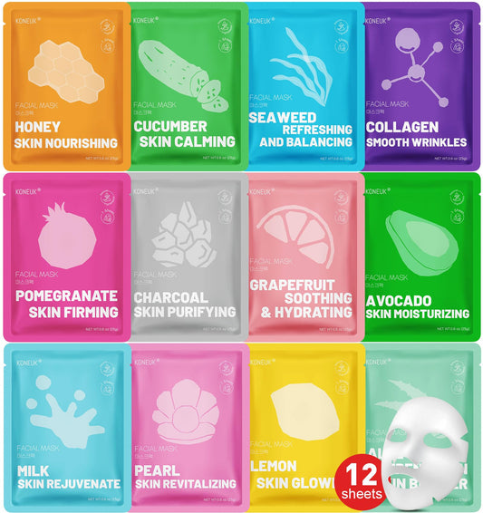 KONEUK 12 Pack Collagen Hydrating Face Masks Skincare, Sheet Face Mask for All Skin Types, Facial Masks Set for Women Skin Care, Face Mask Bulk Spa Gifts for Women