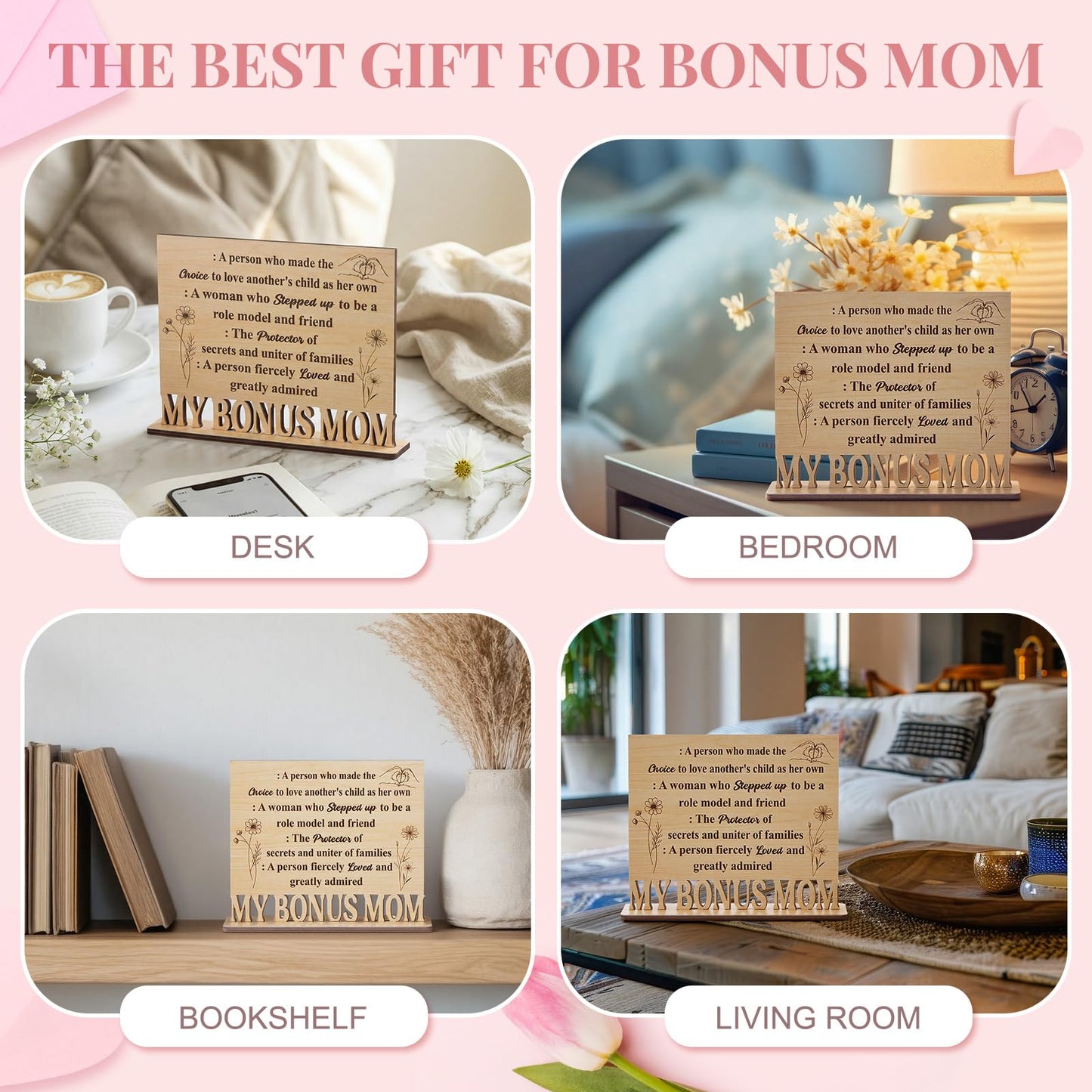Qunclay Bonus Mom Gifts Wooden Standing Sign Plaque Gifts for Stepmom Adoptive Bonus Mom Definition Thank You Gift Desk Sign for Mothers Day Stepmother Birthday Christmas Gift