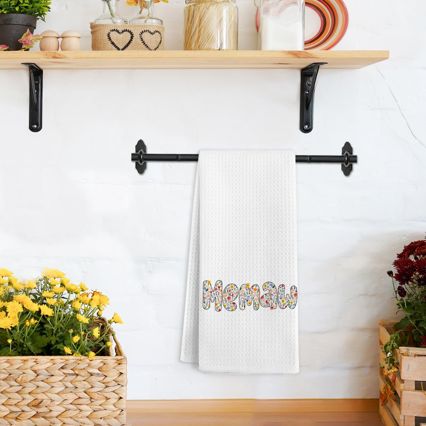 Memaw Gifts Kitchen Towels, Funky Memaw Gifts from Grandkids, Mothers Day Birthday Gift for Grandma, Wildflower Grandma Hand Dish Tea Towel for Kitchen Decor, 16x24 Inch