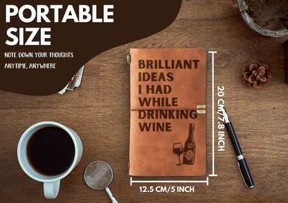 InnoBeta Wine gifts Leather Journal Notebook with Pen, for Wine Lovers, Men, Women on Birthday, Refillable Sketchbook, Travel Diary, Lined Planner, 7x5 Inches, Brown