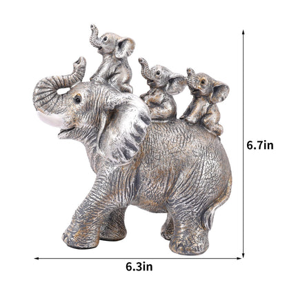 Cute Silver Elephant Statue Good Luck Elephant Carries Three Calves on Its Back Figurines Décor for Shelf Good Gifts for Women Decoration for Living Room, Bedroom, Office