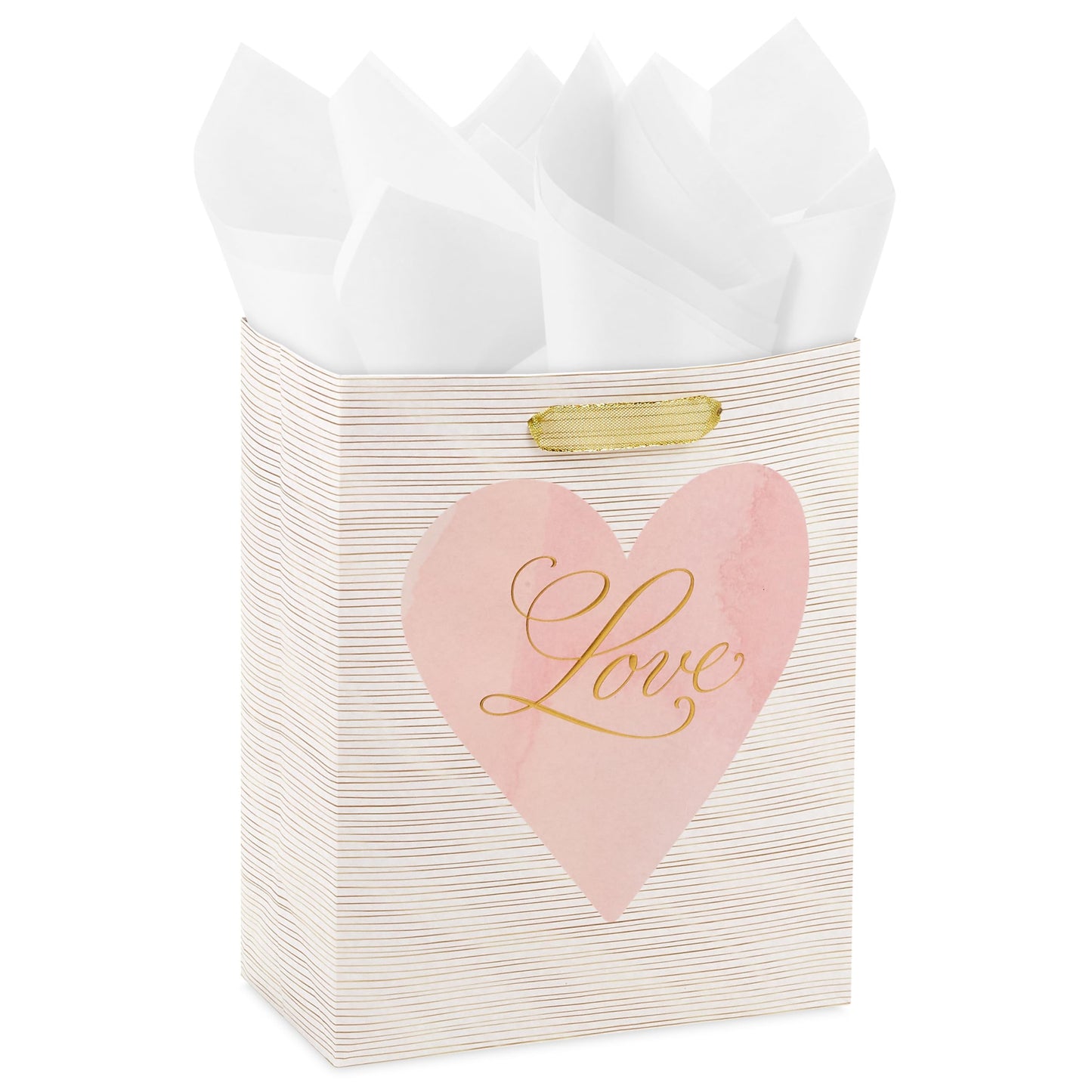 Hallmark 9" Medium Gift Bag with Tissue Paper (Love Pink and Gold Heart) for Valentine's Day, Weddings, Engagements, Bridal Showers