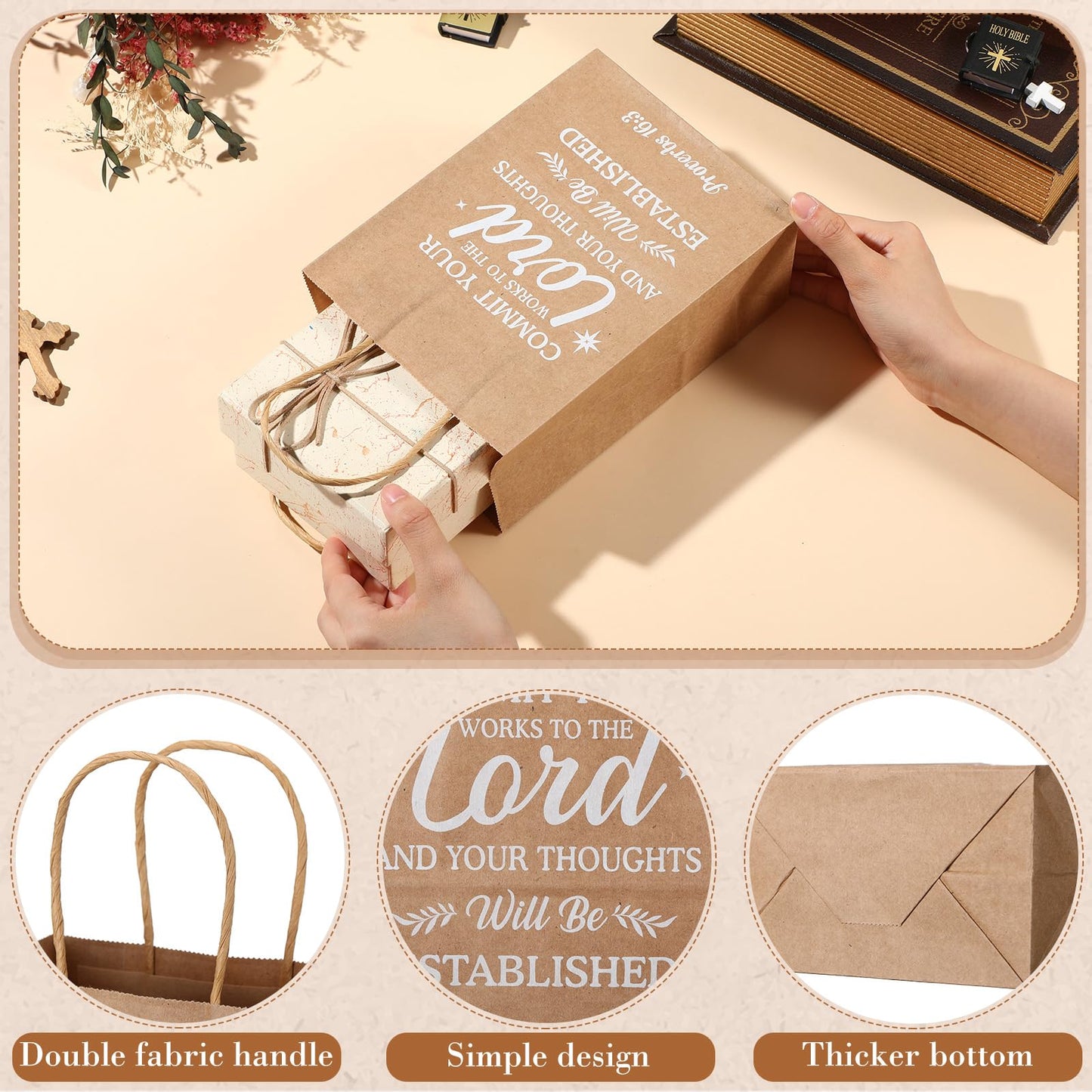 Chiisong 100 Pcs Christian Gift Bags, Fathers Day Religious Bible Verse Treat Bags with Handles Inspirational Church Scripture Bag for Women Wedding Baptism Birthday Party Favor(Kraft with White)