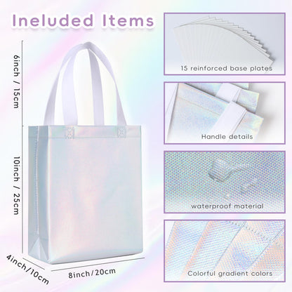 DELICAT 15 Pcs Iridescent Glossy Gift Bags with Handles 8x4x10 Inch，Holographic Reusable Gift Bags Medium Size & Sturdy Base, Holiday Goodie Bag suitable for Birthday，Party Favors，Wedding，Baby Shower