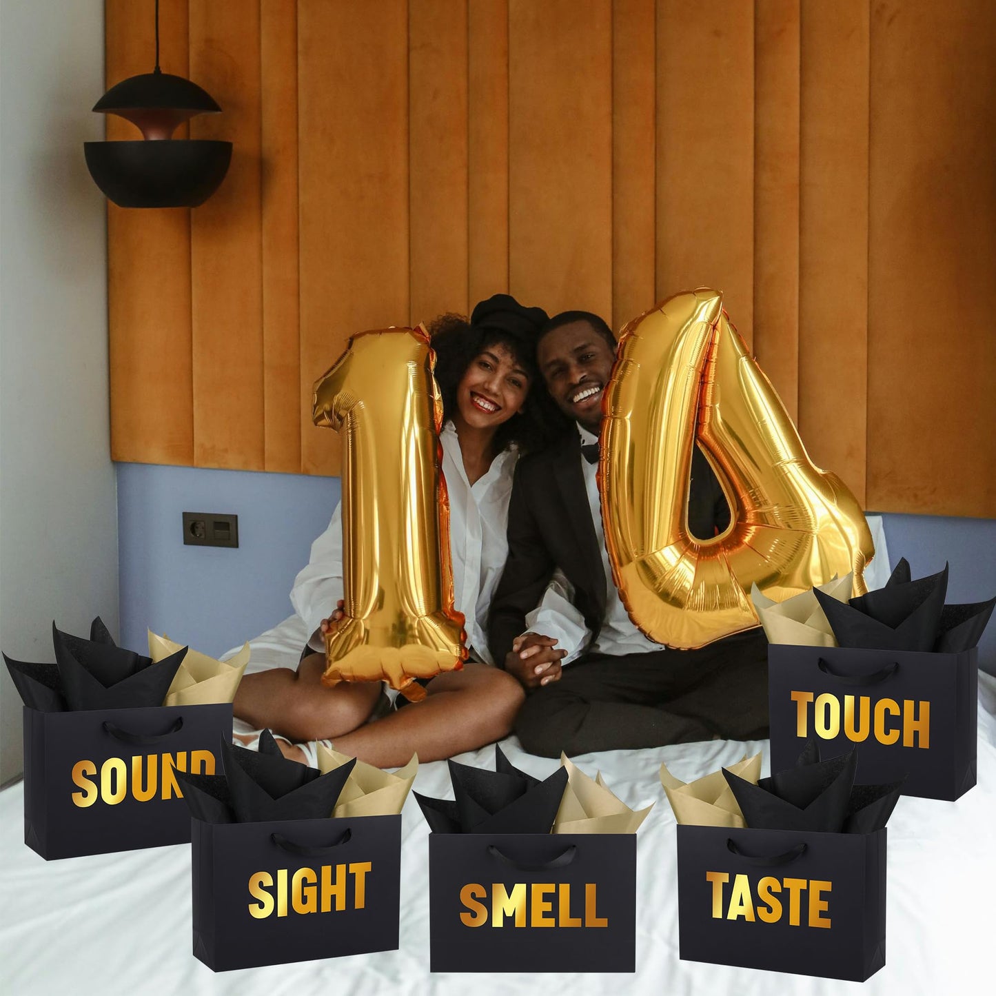 OEMVALATY 5 Senses Gift Bags for Him Her Five Senses Gift Bags with Ribbon Handles and Tissue Paper Present Wrappings for Valentine Wedding Anniversary Birthday Christmas(Black, 12.6''x8.8''x4'')