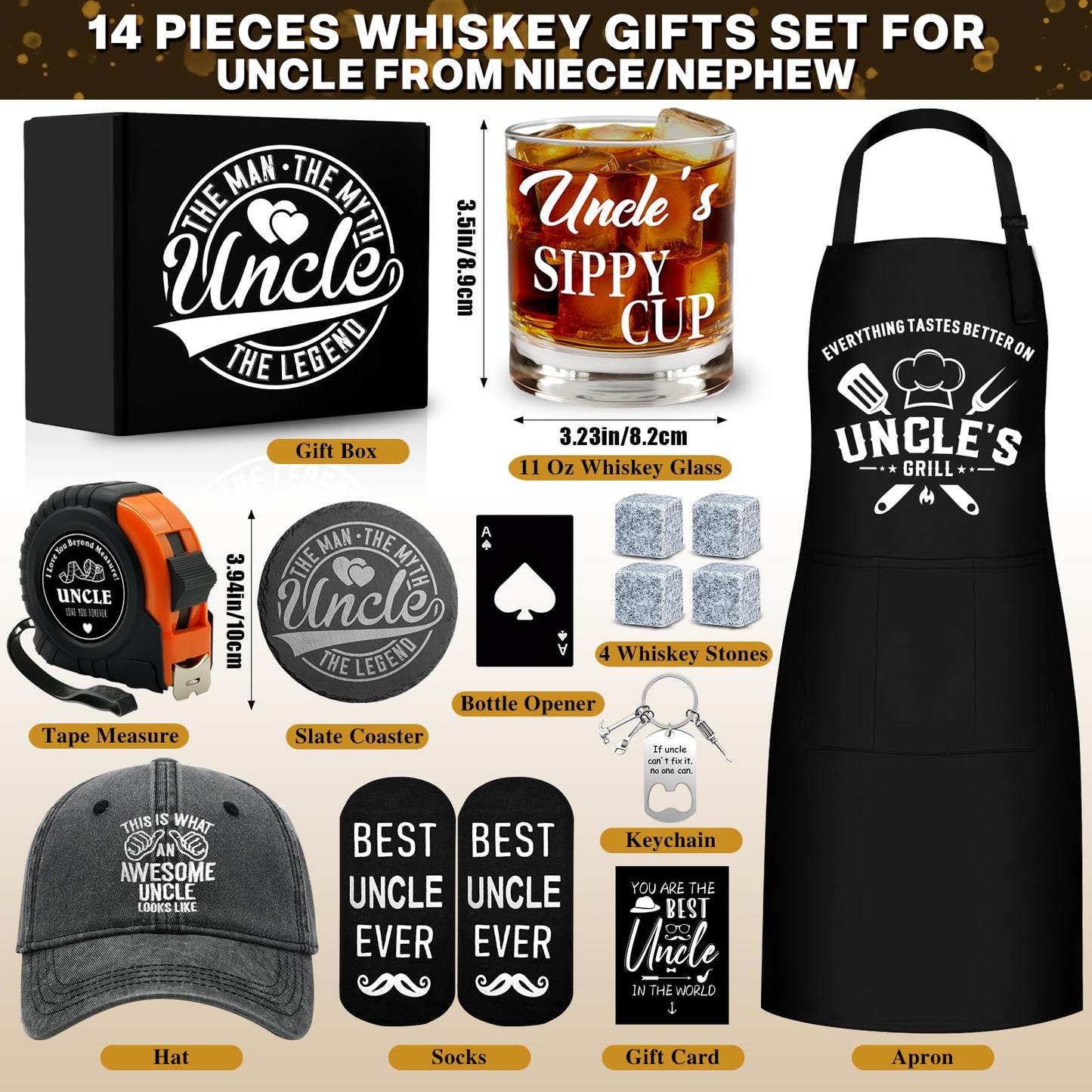14 Pcs Best Uncle Ever Gifts with 11 Oz Uncle's Sippy Cup Whiskey Glass 4 Whiskey Stones Coaster Apron Hat Sock Tape Measure Keychain, Birthday Father's Day Christmas Gifts for Uncle
