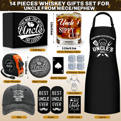 14 Pcs Best Uncle Ever Gifts with 11 Oz Uncle's Sippy Cup Whiskey Glass 4 Whiskey Stones Coaster Apron Hat Sock Tape Measure Keychain, Birthday Father's Day Christmas Gifts for Uncle