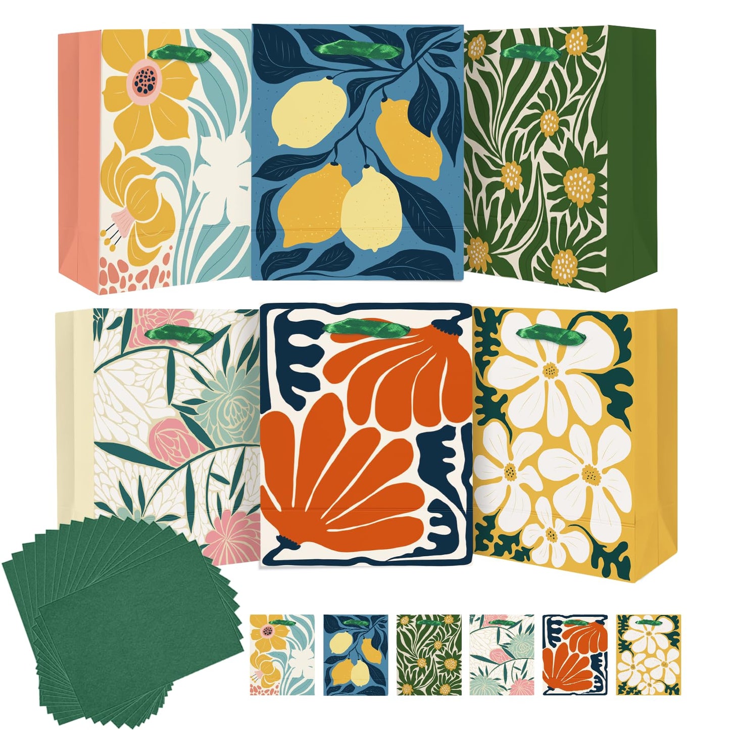 qiqee 7.9"x4.3"x9.6" 6PCS Clash Flowers Paper Gift Bags with Tissue Paper Handles Medium Size Bags（ Tissue Paper ）