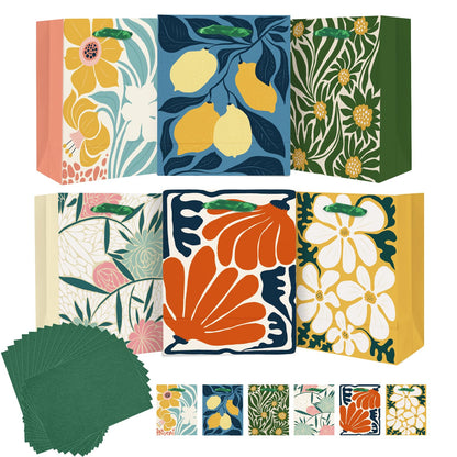 qiqee 7.9"x4.3"x9.6" 6PCS Clash Flowers Paper Gift Bags with Tissue Paper Handles Medium Size Bags（ Tissue Paper ）