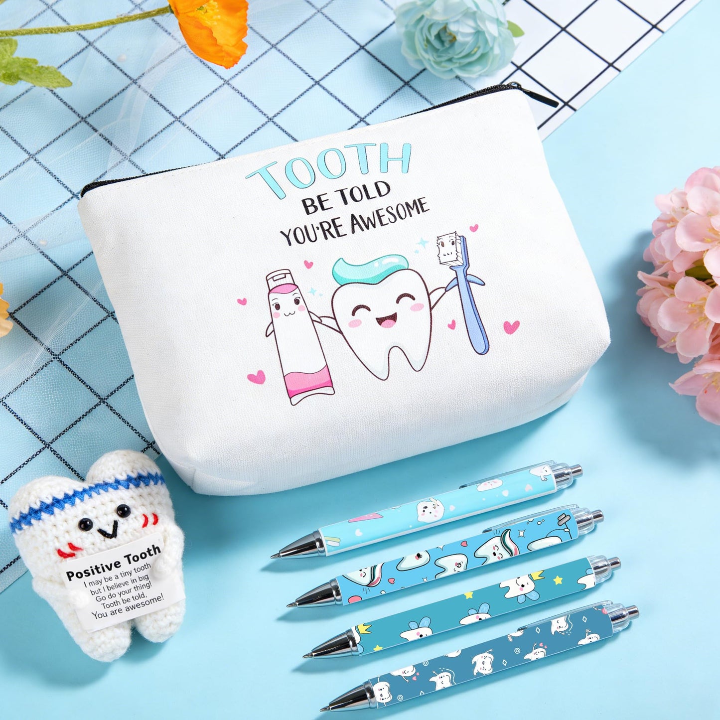 Dentist Gifts for Women Unique Dental Assistant Gifts Funny Dental Hygienist Gift Including Tumbler Mug Socks Badge Reel Holder Makeup Bag Ballpoint Pen Crochet Teeth for Birthday Christmas