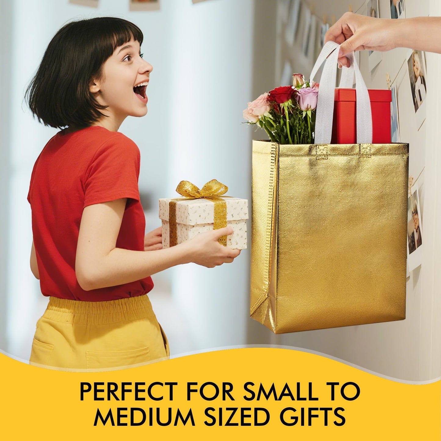 RACETOP 100 Pcs Gold Reusable Gift Bags Medium Size, 8x4x10 Inch Gold Gift Bags with Handles & Sturdy Base, Ideal for Birthday, Wedding, Bachelorette, Party Favors, Holiday Goodie