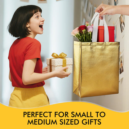 RACETOP 100 Pcs Gold Reusable Gift Bags Medium Size, 8x4x10 Inch Gold Gift Bags with Handles & Sturdy Base, Ideal for Birthday, Wedding, Bachelorette, Party Favors, Holiday Goodie