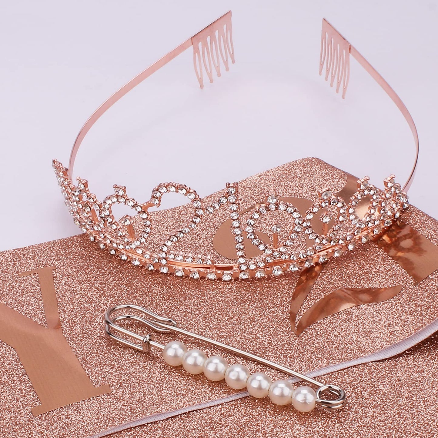 CAVETEE Rose Gold 21st Birthday Sash and Crown Set - Women's Birthday Queen Tiara and Sash