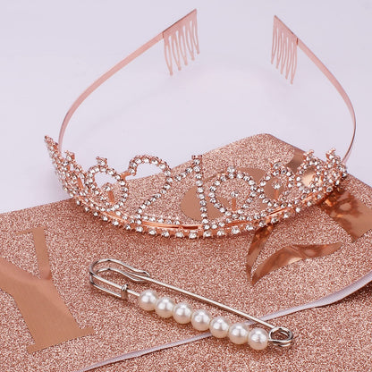 CAVETEE Rose Gold 21st Birthday Sash and Crown Set - Women's Birthday Queen Tiara and Sash