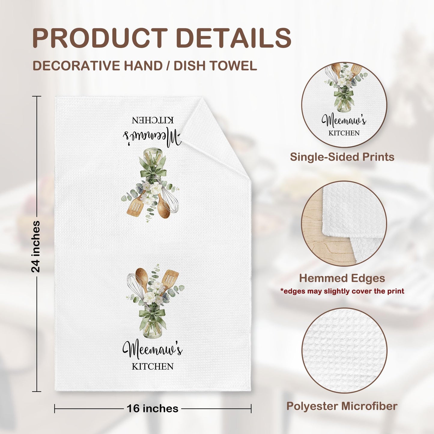 Meemaw Gifts Kitchen Towel 16x24, Grandma Grandmother Hand Towel Decor, Floral Botanical Meemaw's Kitchen Utensils Decor Microfiber Dish Cloths Dishcloths Decorative